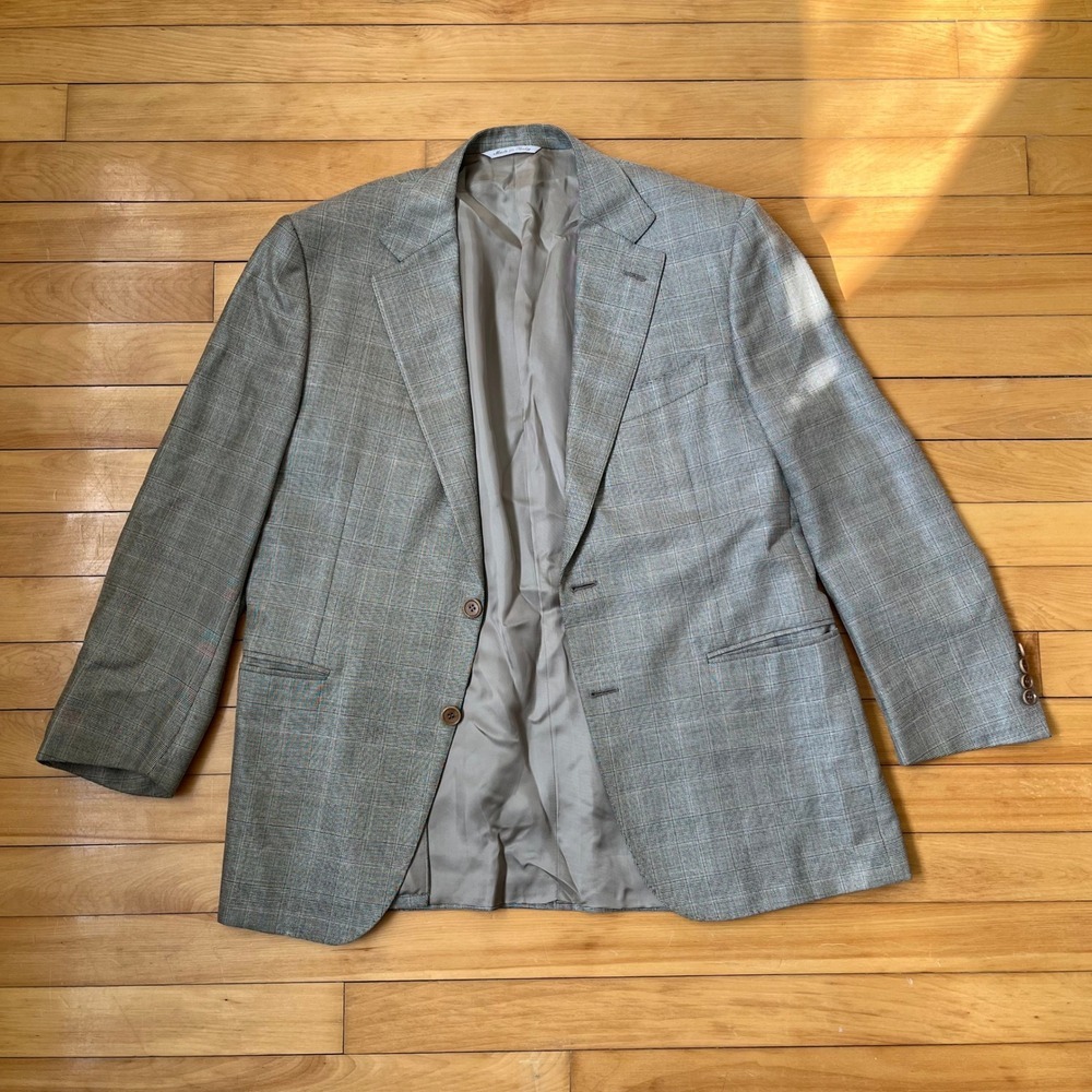 Canali Harry Rosen Mens Silk Wool Glen Check Blazer Sport Coat Tan Grey 50 7 L